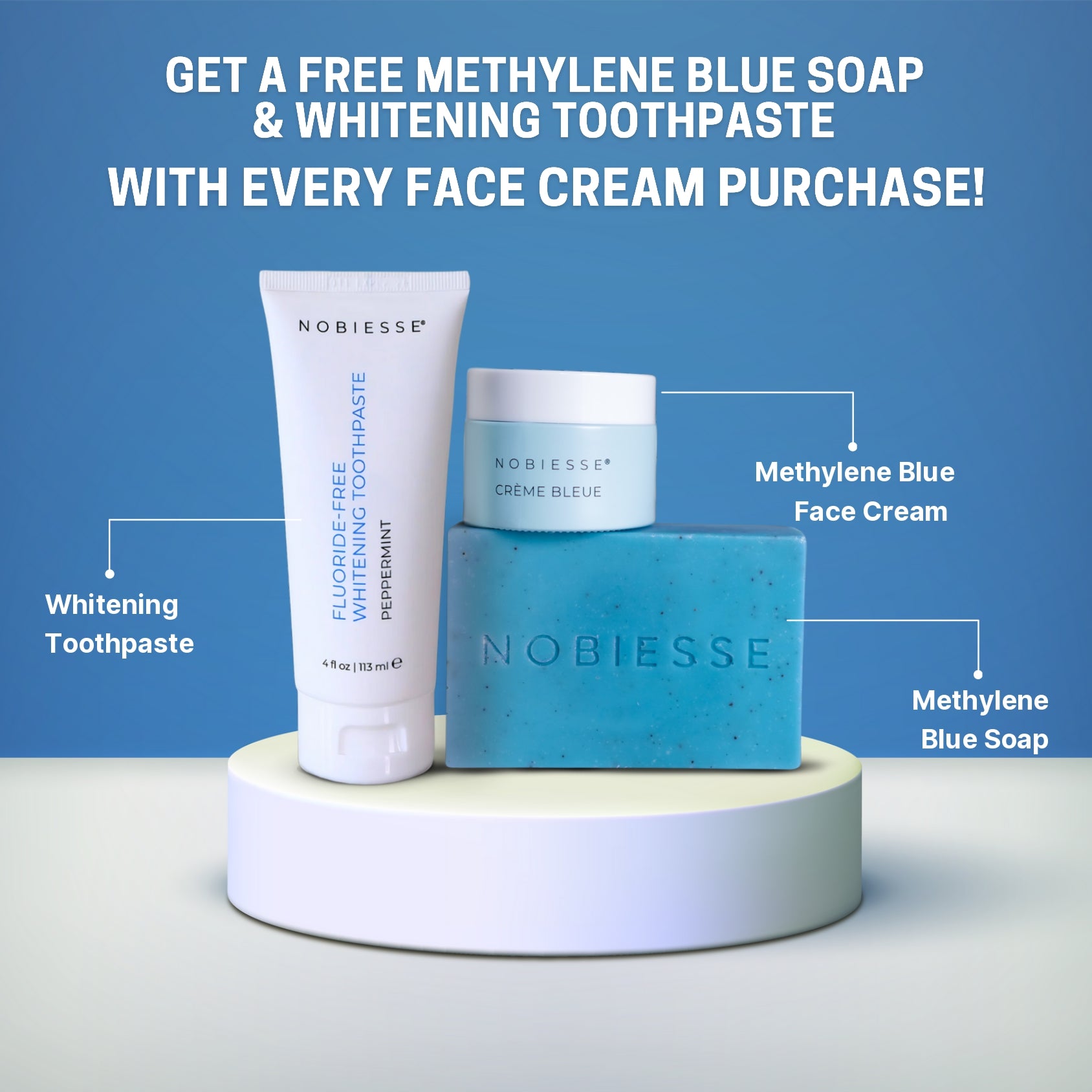 FREE GIFTS - Methylene Blue Face Cream with Free Methylene Blue Soap AND Free Whitening Toothpaste - Bundle #51